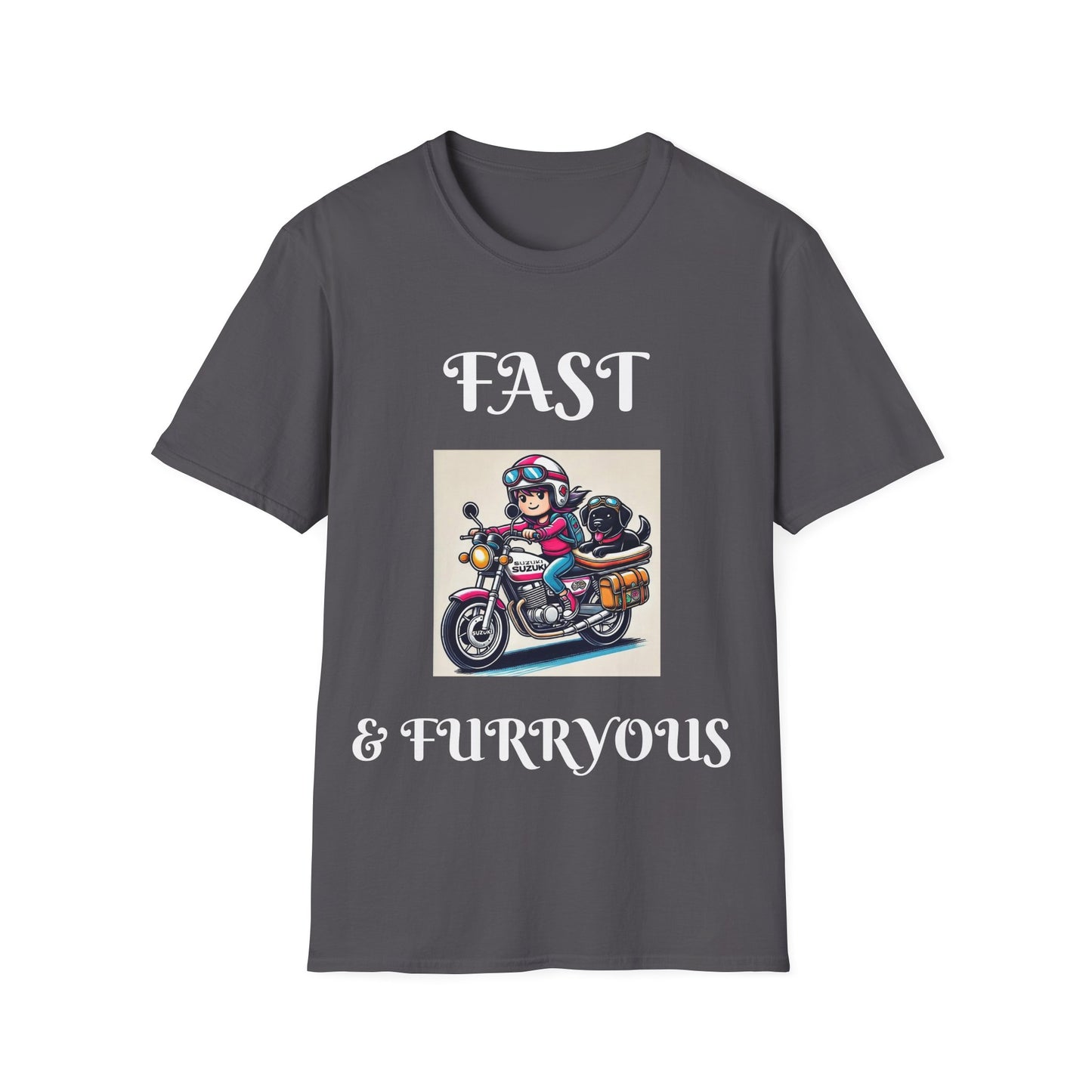 Fast & Furryous Softstyle T-Shirt - Dog & Motorcycle Graphic Tee