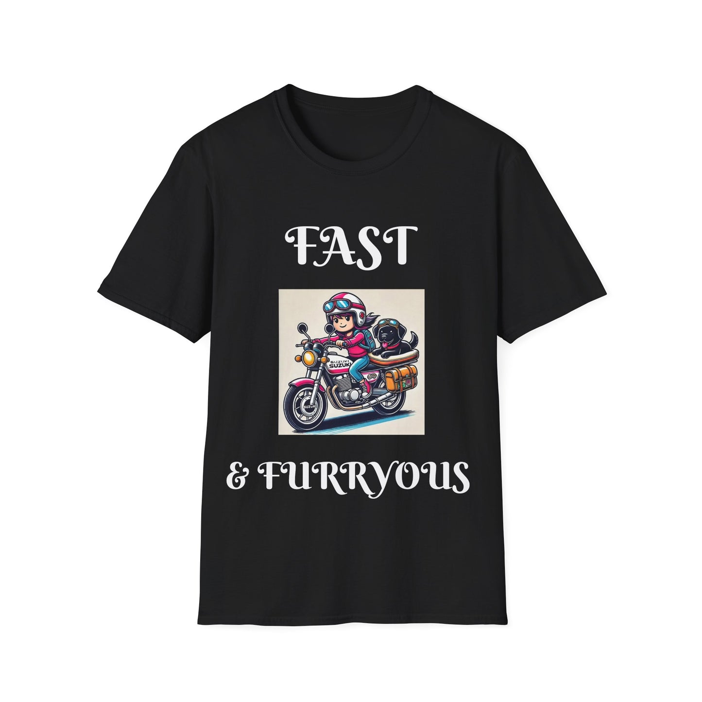 Fast & Furryous Softstyle T-Shirt - Dog & Motorcycle Graphic Tee