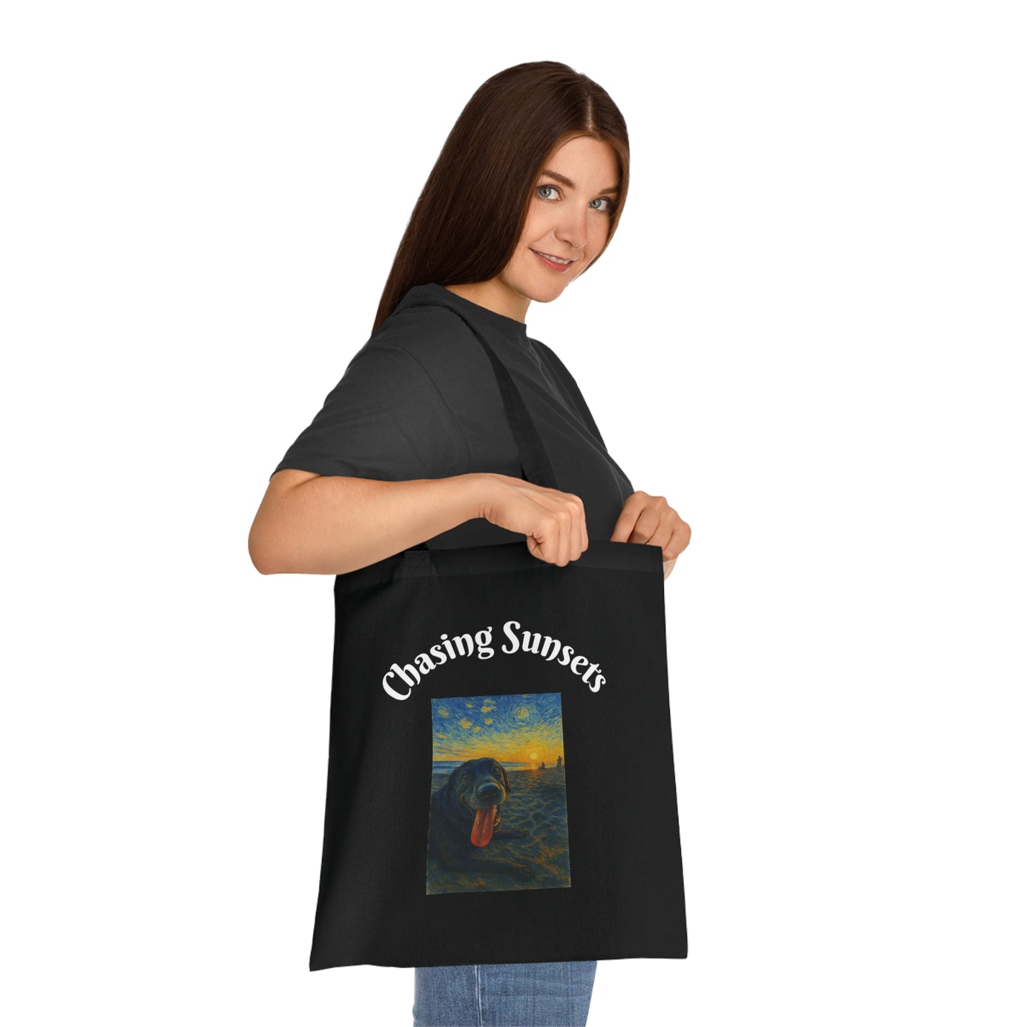 Chasing Sunsets Cotton Tote Bag - Inspirational Dog Design for Beach Lovers