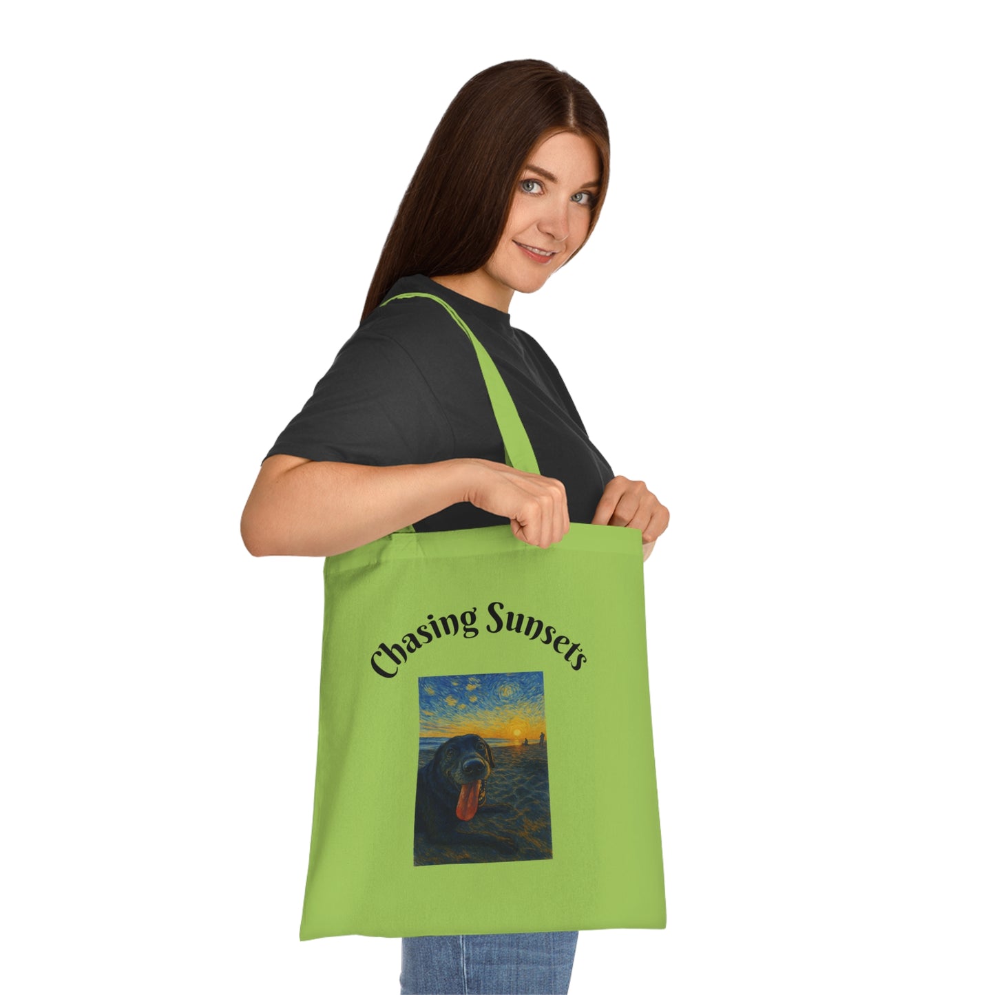 Chasing Sunsets Cotton Tote Bag - Inspirational Dog Design for Beach Lovers
