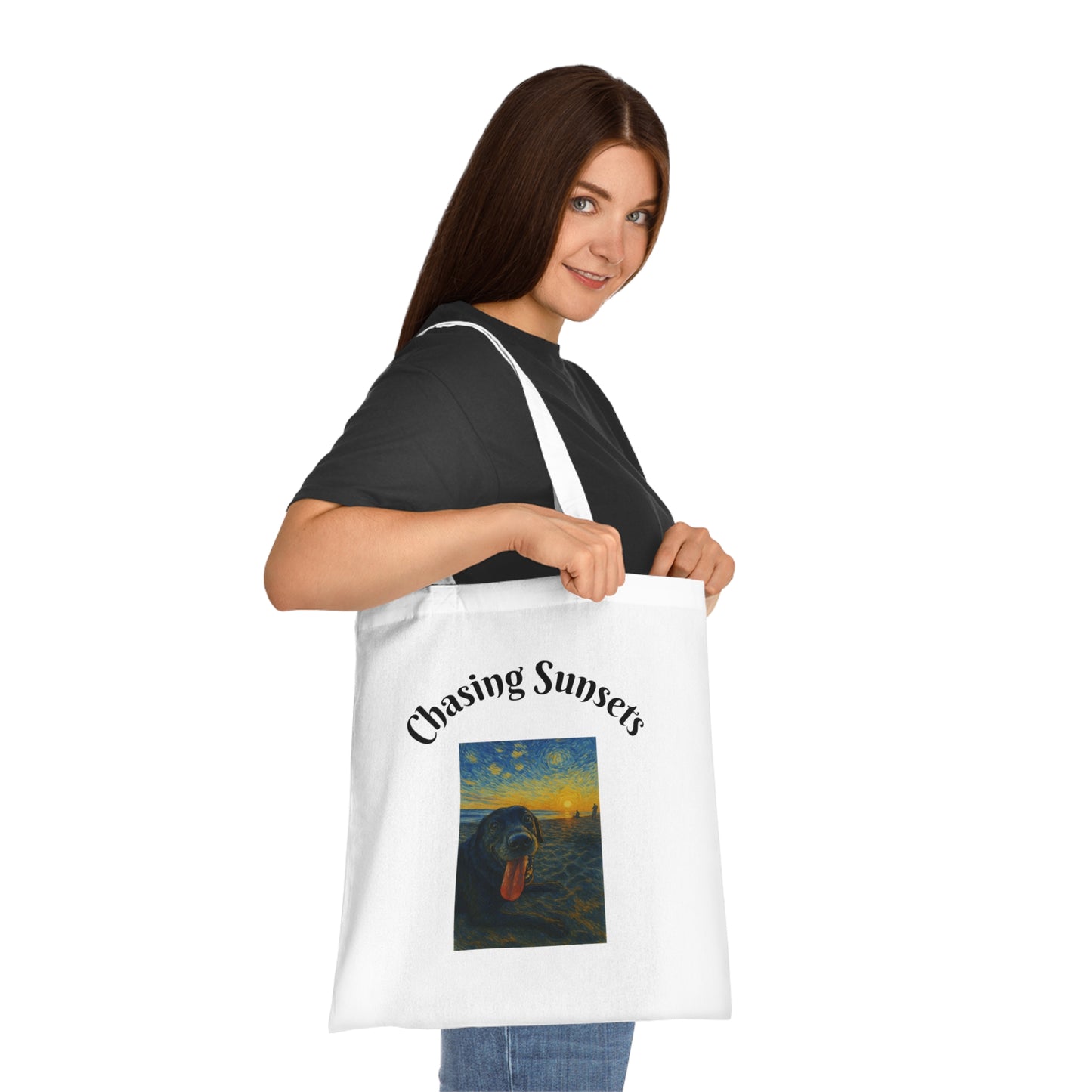 Chasing Sunsets Cotton Tote Bag - Inspirational Dog Design for Beach Lovers