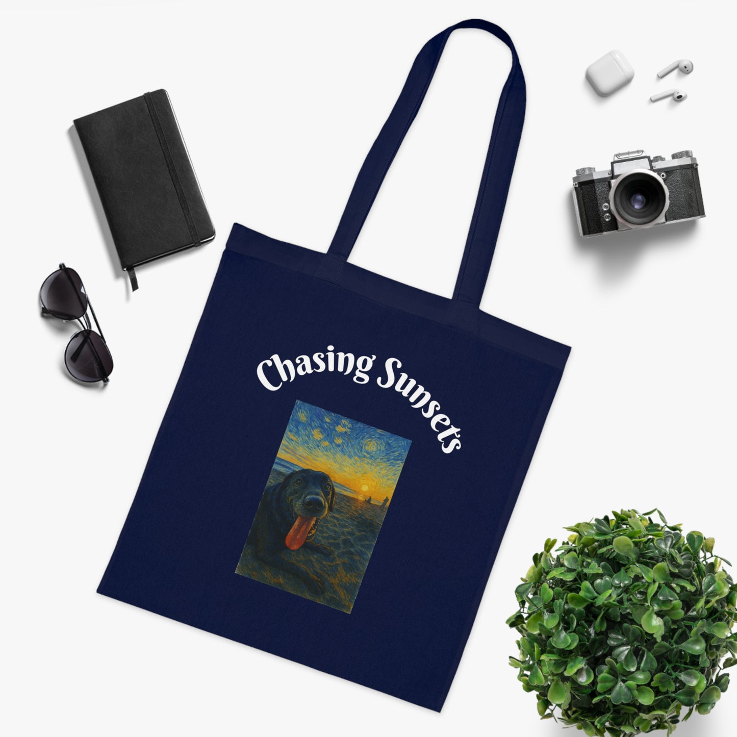Chasing Sunsets Cotton Tote Bag - Inspirational Dog Design for Beach Lovers