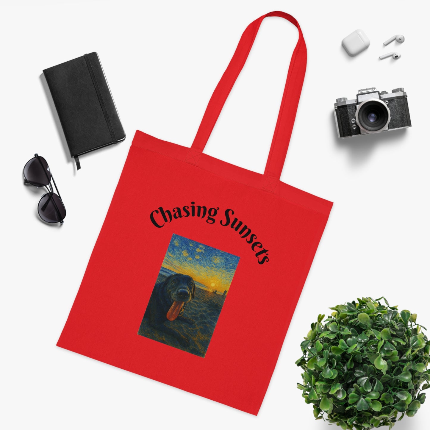 Chasing Sunsets Cotton Tote Bag - Inspirational Dog Design for Beach Lovers