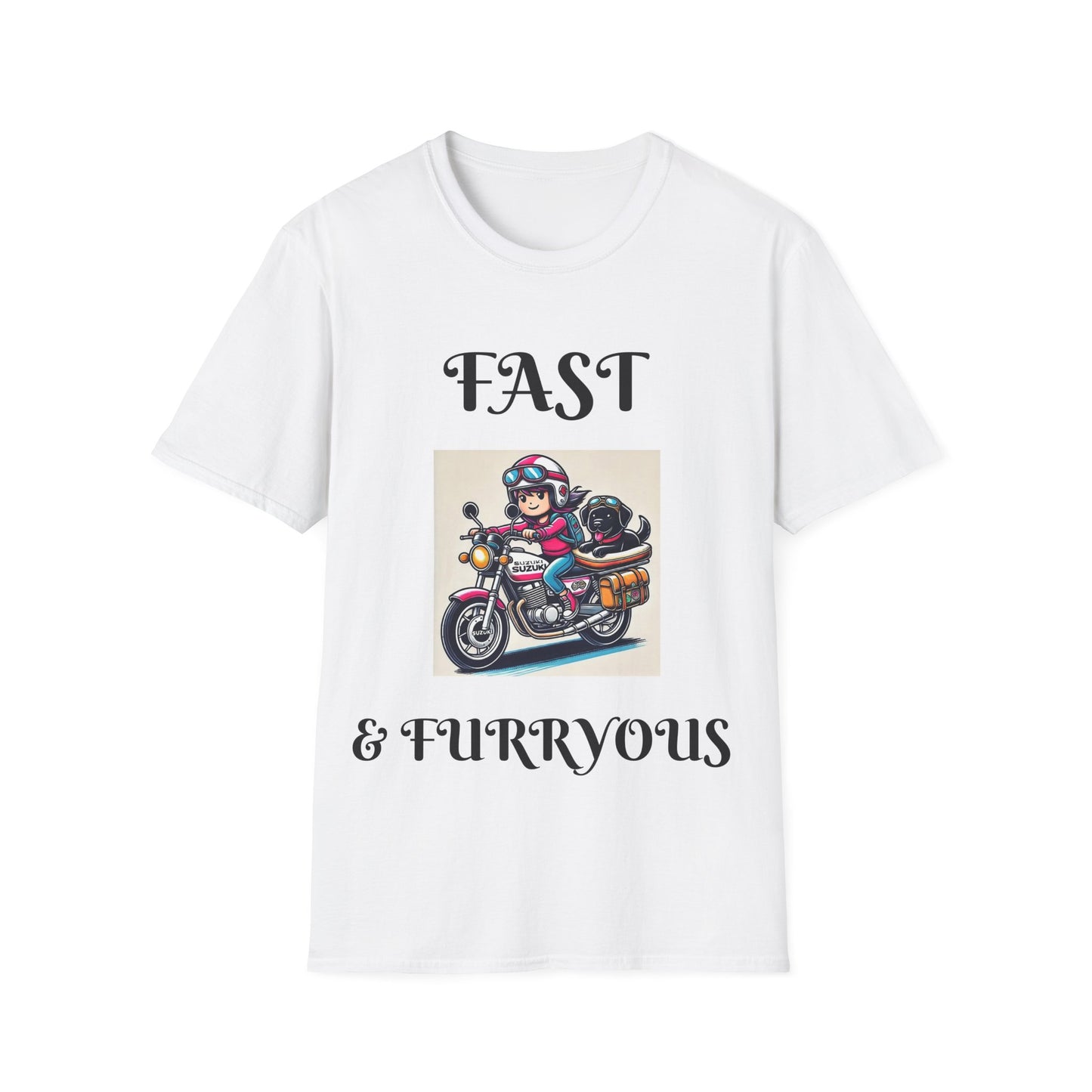 Fast & Furryous Softstyle T-Shirt - Dog & Motorcycle Graphic Tee