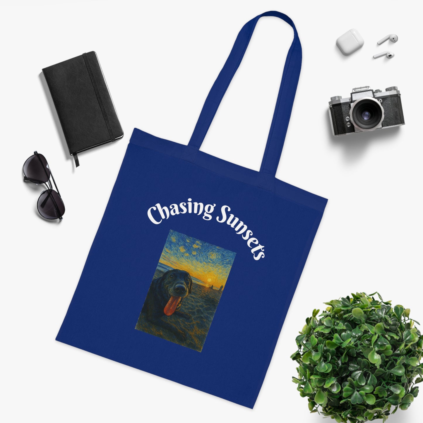 Chasing Sunsets Cotton Tote Bag - Inspirational Dog Design for Beach Lovers