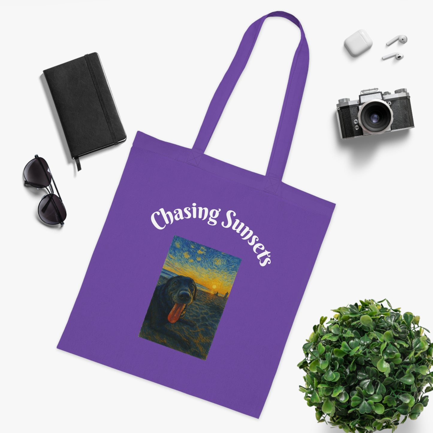 Chasing Sunsets Cotton Tote Bag - Inspirational Dog Design for Beach Lovers