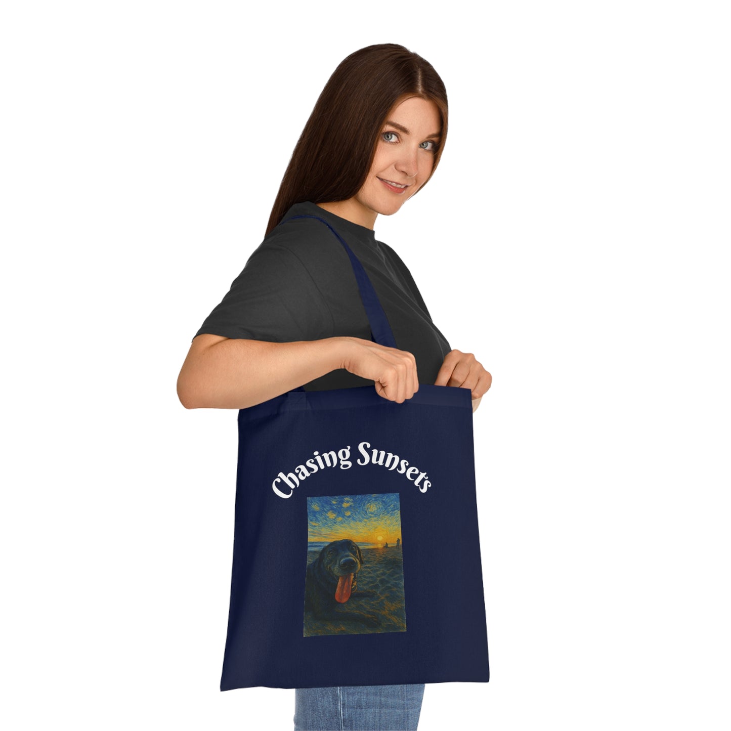 Chasing Sunsets Cotton Tote Bag - Inspirational Dog Design for Beach Lovers