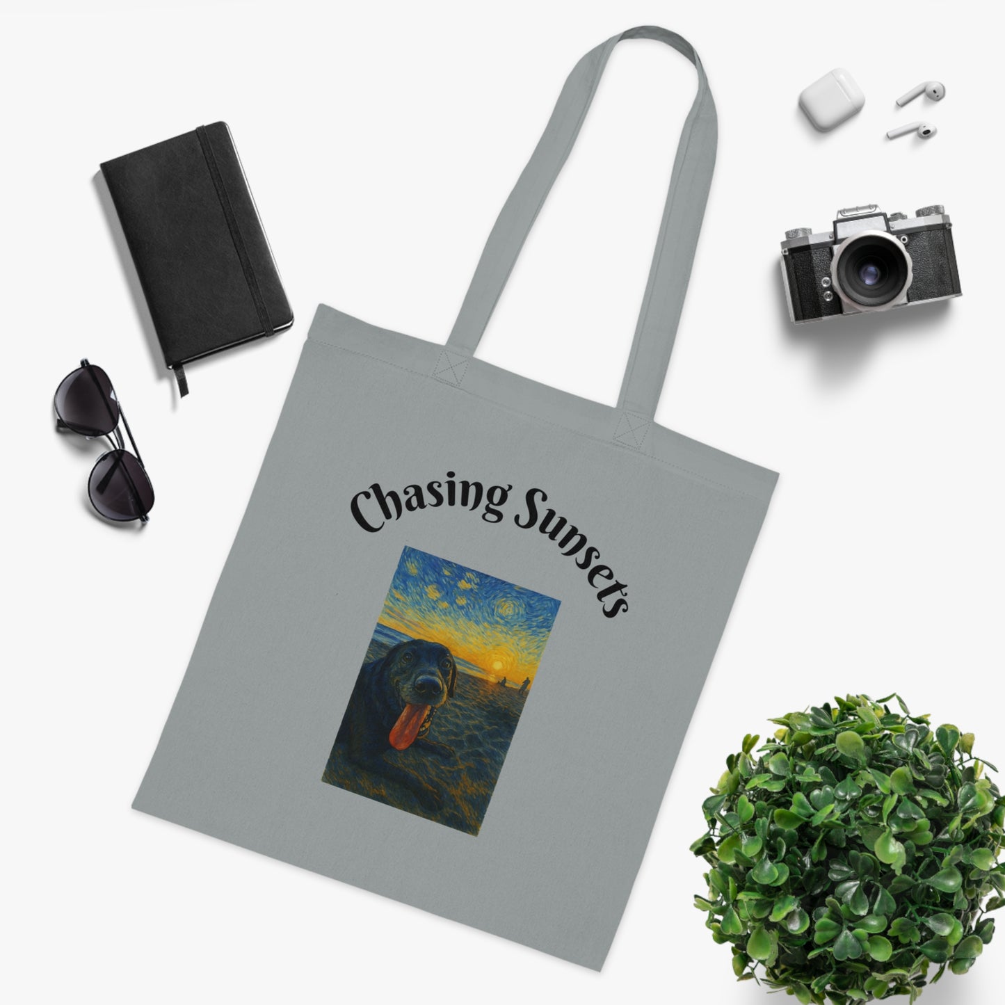 Chasing Sunsets Cotton Tote Bag - Inspirational Dog Design for Beach Lovers