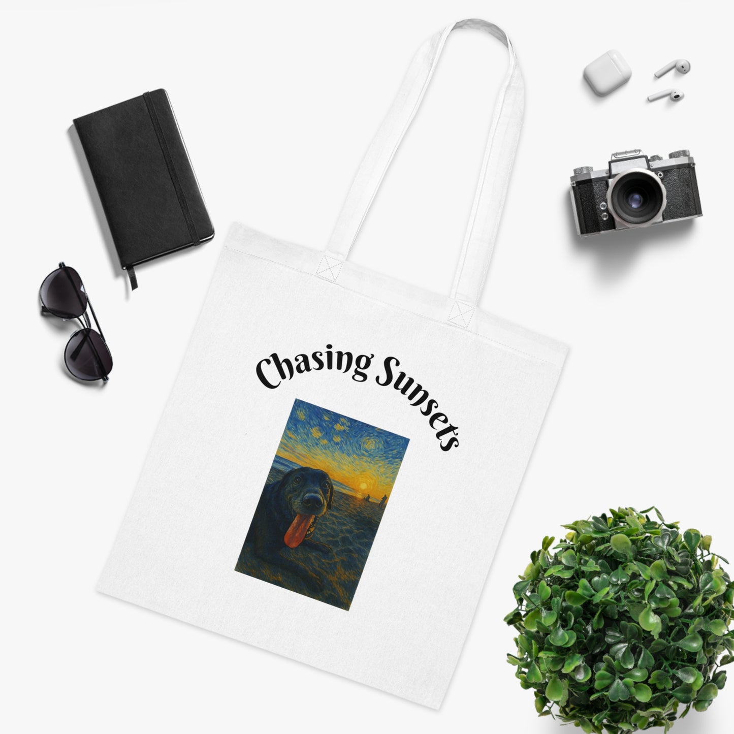 Chasing Sunsets Cotton Tote Bag - Inspirational Dog Design for Beach Lovers