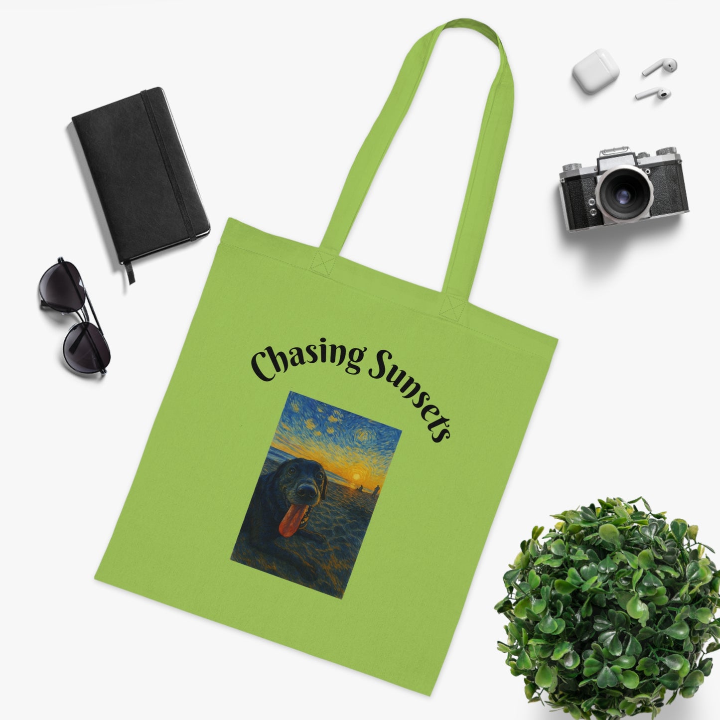 Chasing Sunsets Cotton Tote Bag - Inspirational Dog Design for Beach Lovers
