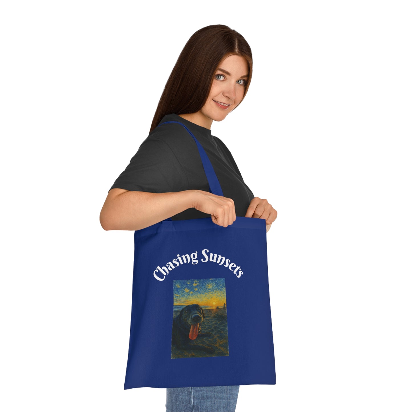 Chasing Sunsets Cotton Tote Bag - Inspirational Dog Design for Beach Lovers