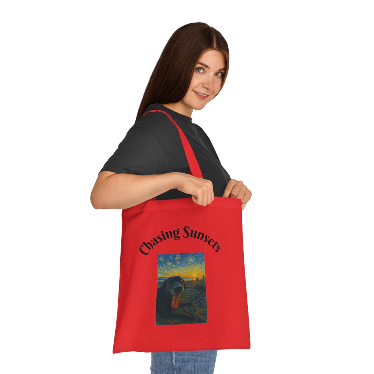 Chasing Sunsets Cotton Tote Bag - Inspirational Dog Design for Beach Lovers