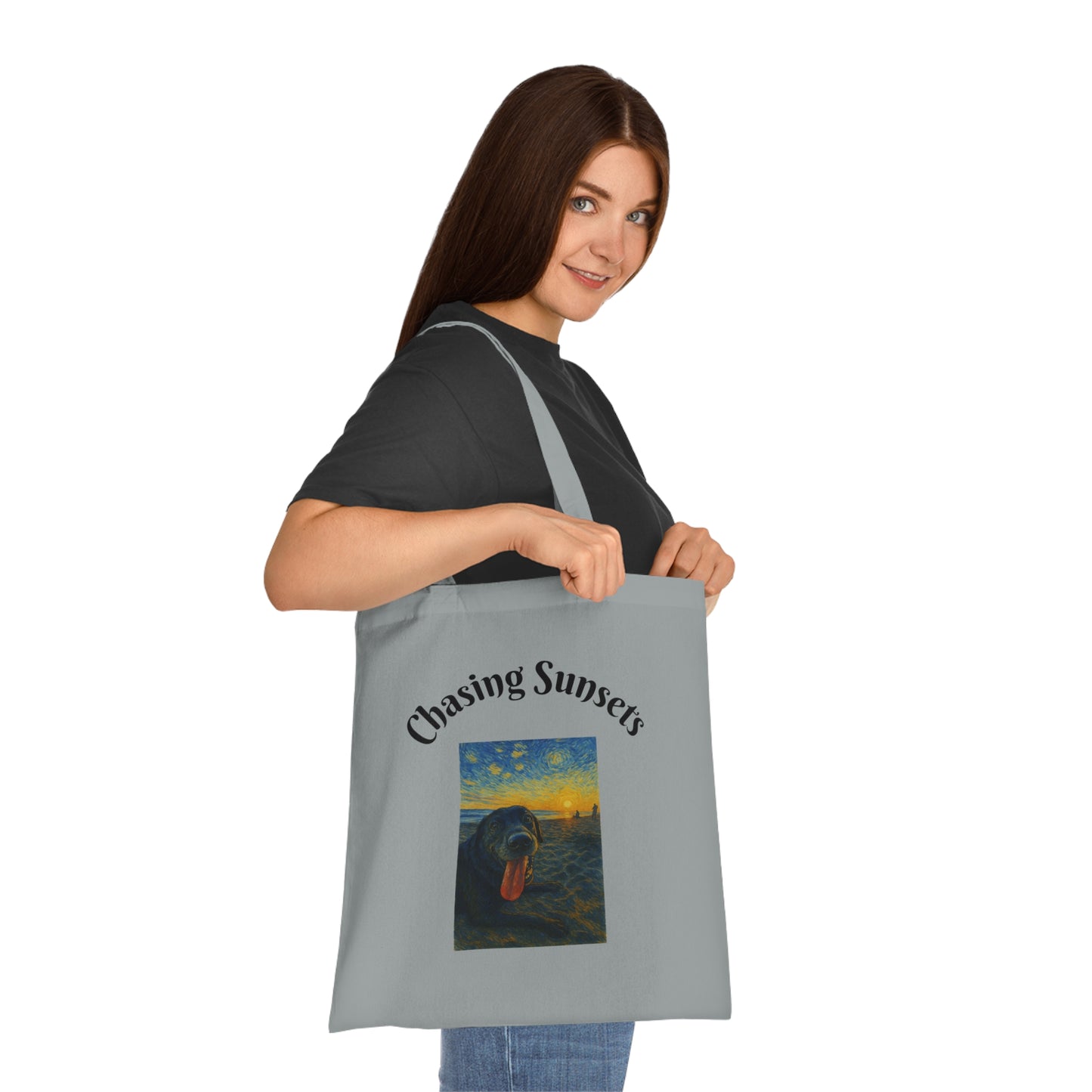 Chasing Sunsets Cotton Tote Bag - Inspirational Dog Design for Beach Lovers