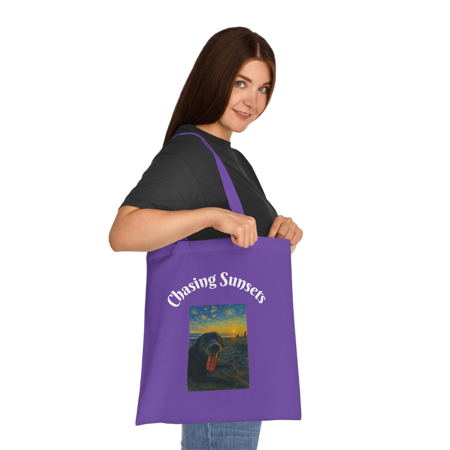 Chasing Sunsets Cotton Tote Bag - Inspirational Dog Design for Beach Lovers