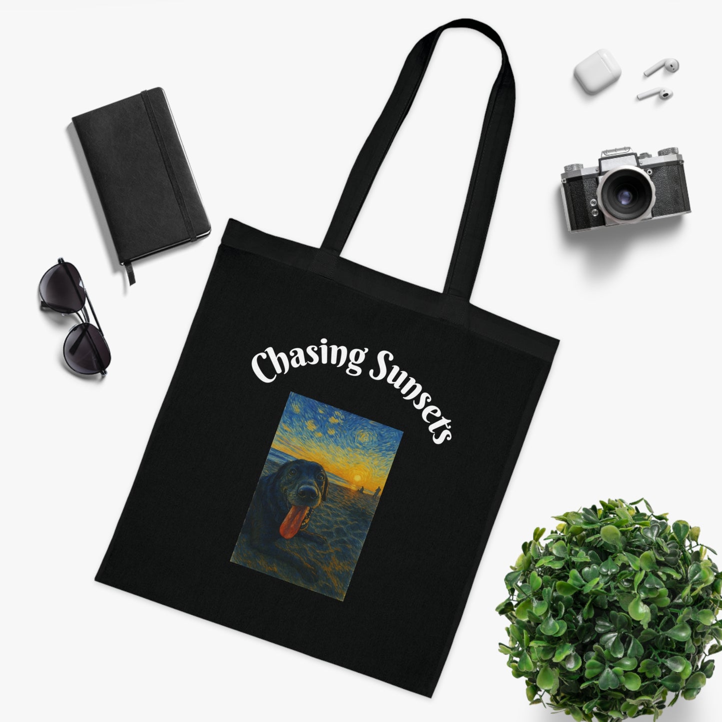 Chasing Sunsets Cotton Tote Bag - Inspirational Dog Design for Beach Lovers